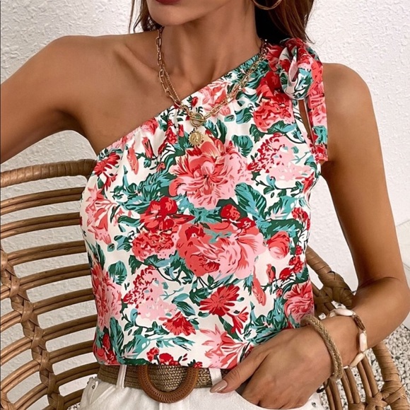 Tops - Boho Floral Print One Shoulder Top Blouse
